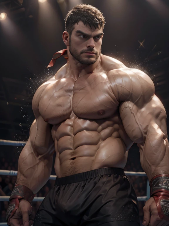 3D Photorealistic, Masterpiece realistic, best high quality, perfect details, RAW Photo, intricate details, nice lighting, 4K, detailed background, In the championship boxing match, 2 muscular boxers sparring white and black, short beard, correct muscle anatomy, sweat splash, perfect hands anatomy, epic sparring scenes, rare moment, (sparring:1.3), extremely powerful scenes, fierce, manly, manliness, shirtless (shirtless:1.8), they fight with a long conflict as they have an old score to settle. perfect fighting choreography, perfect proportion, dim light.