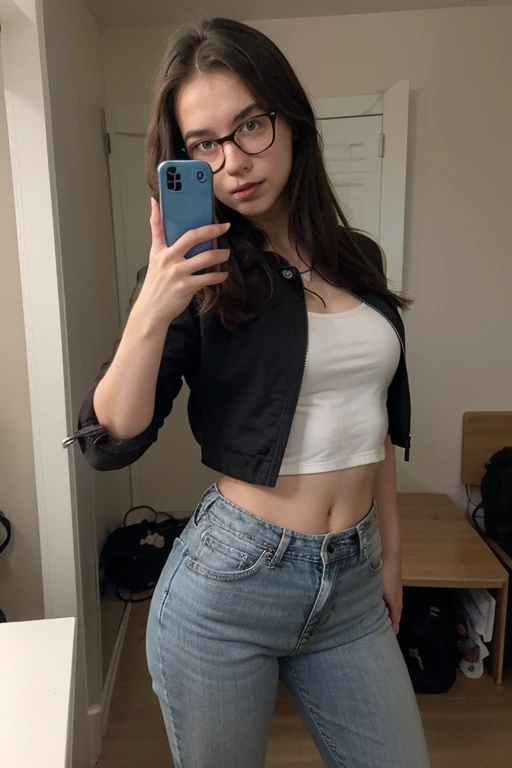 Create a girl 16 years old, wears blue jeans, wears glasses,  black jacket , open broun hairs shoulder long, mirror selfie, entblöste brust, hintrrgund soll ein kinderzimmer sein 