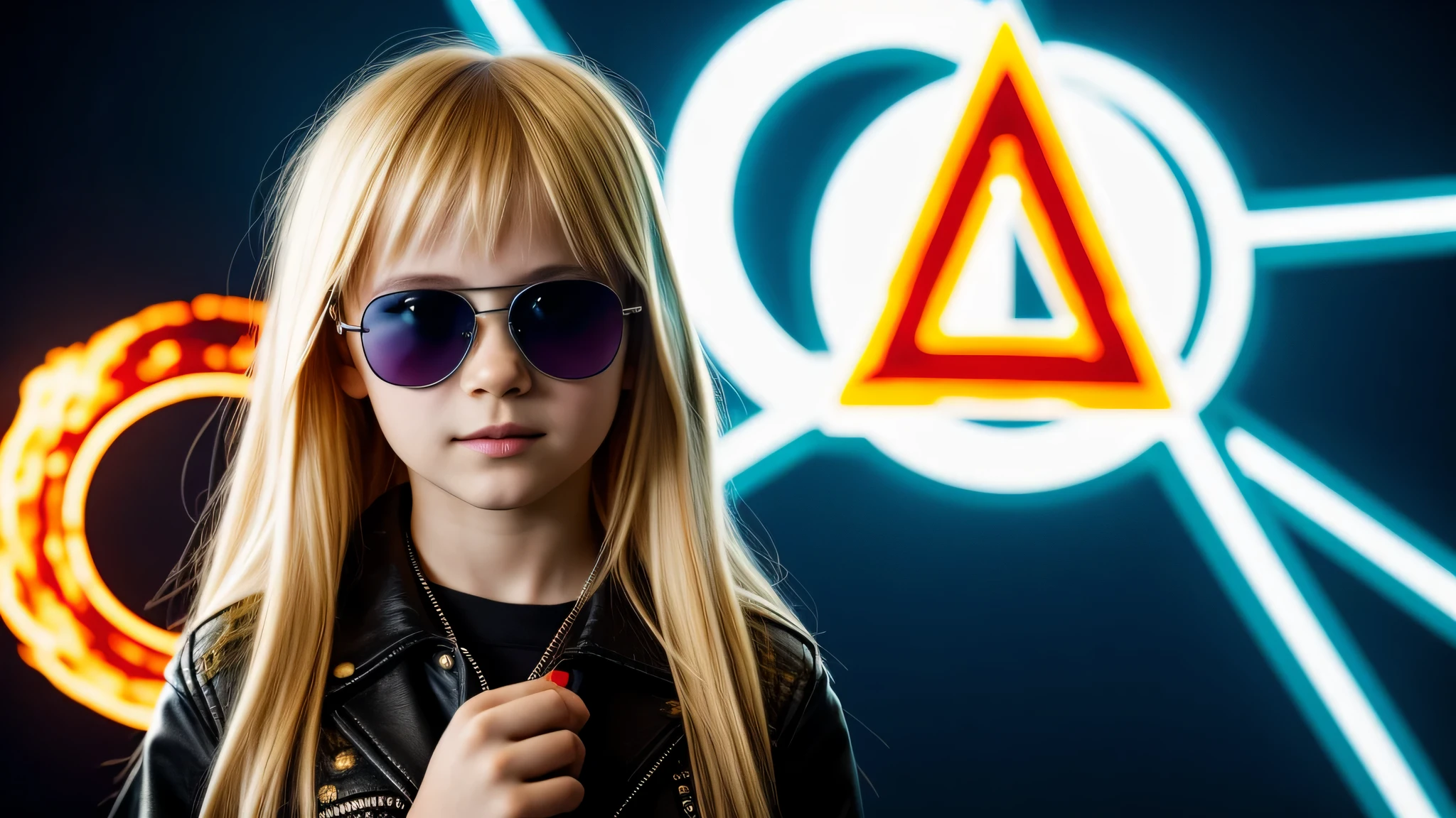 image of a kids girls blonde with sunglasses and a sign, halo on fire, heavy metal band promo,