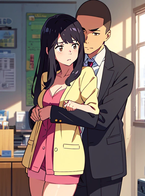 shinkai makoto, kimi no na wa., 1boy, buzzcut,office suit, boy caressing girl's body, passionate hug, face to face, 1girl, bangs, black hair, brown eyes, Twisted Half Up, red ribbon, long hair, long sleeve light pink cardigan, open shirt, yellow shirt, cleavage, breast, medium breast, storage room, indoors, masterpiece, perfect anatomy, cowboyshot