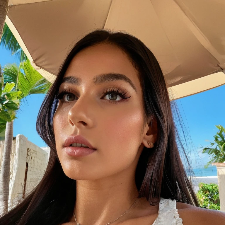 ((melhor qualidade)), ((obra de arte)), (detalhado), rosto perfeito ((meia idade)) ((33 anos)) brunette with long black hair Spanish Latin features, com olhos verdes grandes e brilhantes, posing for a selfie wearing a floral sundress a close-up of a woman in a white dress posing for a photo, Violeta Myers, lindo rosto latina, meio rosa, Retrato de Sophie Mudd, 33 anos de idade, decote, beleza de cair o queixo, modelo do instagram, beleza de cair o queixo, portrait meio rosa, 33 anos de idade, with beautiful exotic, 33 anos de idade, linda mulher