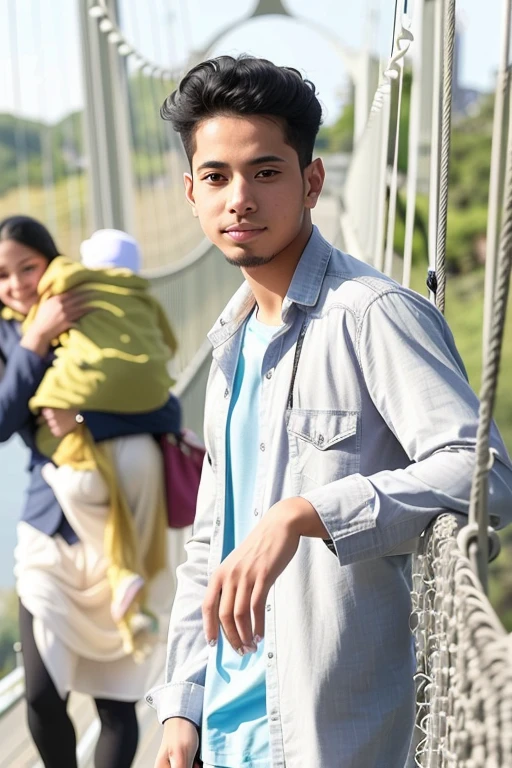 there are two people walking across a bridge with a baby, connected with hanging bridge!!, taken in the early 2020s, !! low contrast!!, ayan nag, student, a picture, potrait, portait image, in sunny weather, hanging bridge!!, a handsome, candid picture, riyahd cassiem, a young man