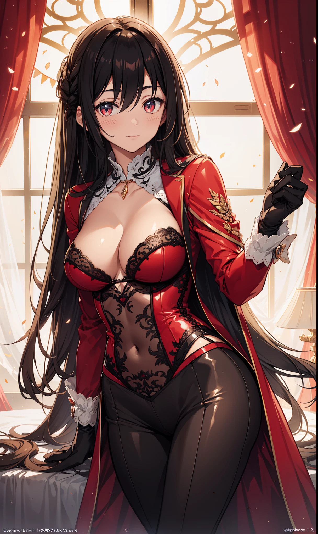 （masterpiece, side light, Delicate and beautiful eyes: 1.2)， luscious skin，（（alone）），（dark red eyes），Hanging corners of eyes，（High detail skin），（Perfect body），a beautiful girl，small breasts，enchanted，（（Breast-covering suit jacket）），（satin collar），（Short gloves are only half as short as a palm），lace up pantyhose，high-waist pants