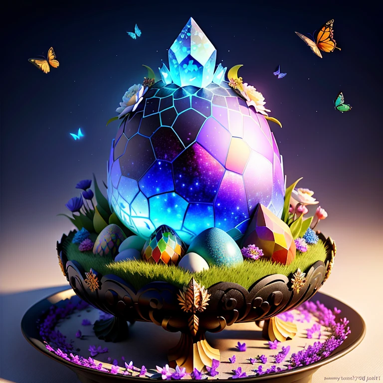 fantasy, 3D, anthill made of colorful dragonegg shell, a colorful crystal dragon on top surrounded with butterflies and flowers