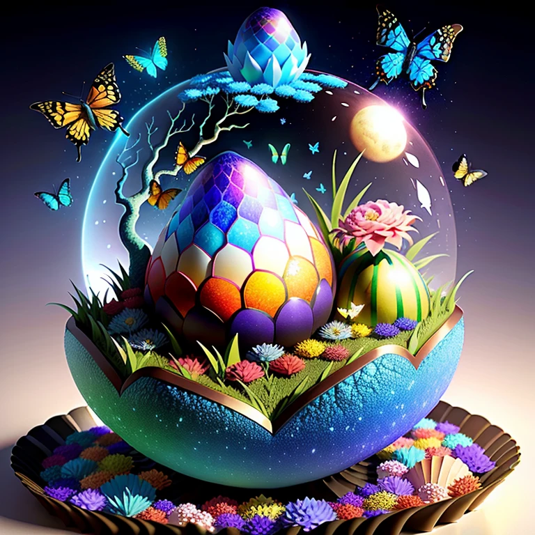 fantasy, 3D, anthill made of colorful dragonegg shell, a colorful crystal dragon on top surrounded with butterflies and flowers