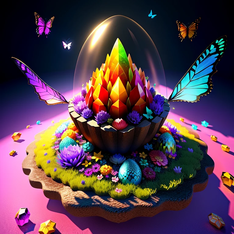 fantasy, 3D, anthill made of colorful dragonegg shell, a colorful crystal dragon on top surrounded with butterflies and flowers