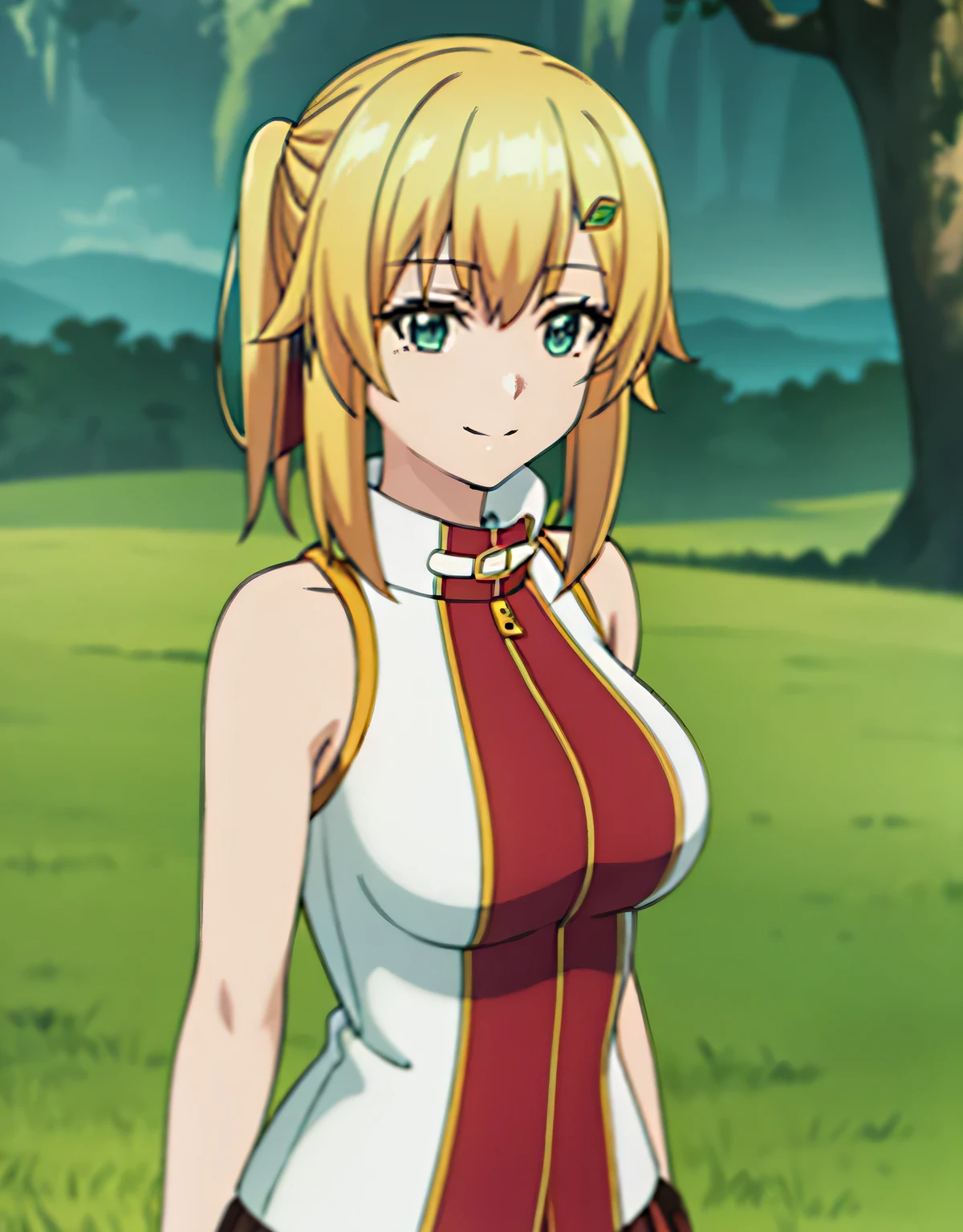 super detailed,emma&#39;s brightness,blonde hair, smile,green eyes,one-sided ponytail, looking at the viewer, hair ornaments,hair ribbon, No sleeve, bare shoulders,(big breasts:1.5),looking at the viewer,Are standing,((masterpiece)),((highest quality)),perfect anatomy,8K UHD,highly detailed face,luster and luster,((1 girl)),((alone)),perfect image,(Upper body:1.1),(look ahead:1.1),turn your arms behind your back,slim waist,(shiny hair),