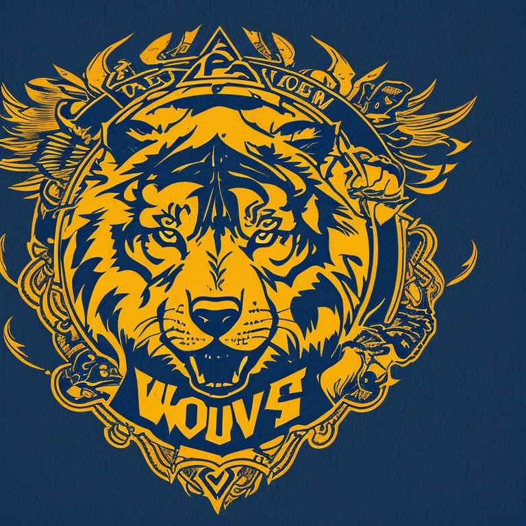 Logo with the words TEAM WOLVES, Tiger line art logo, Black and dark blue background, Bright blue, Simple yet strong - WOLVES