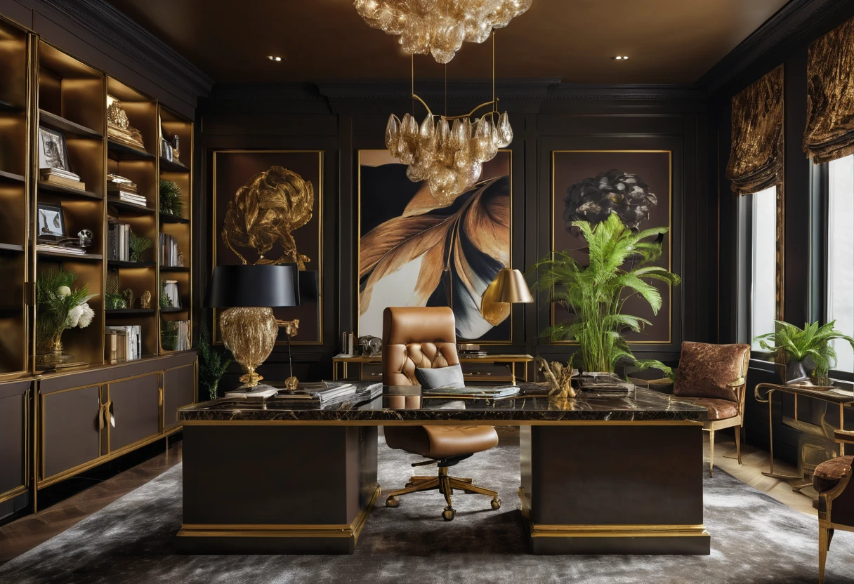 Generate a detailed description of a Luxurious modern maximalist design suggestions for a chic home office space, emphasizing a brown-themed color palette. Incorporate smart home features seamlessly into the design, ensuring a balance between functionality and opulent aesthetics. Highlight furniture arrangements, decorative elements, and any innovative ideas to create a luxurious yet technologically advanced living space