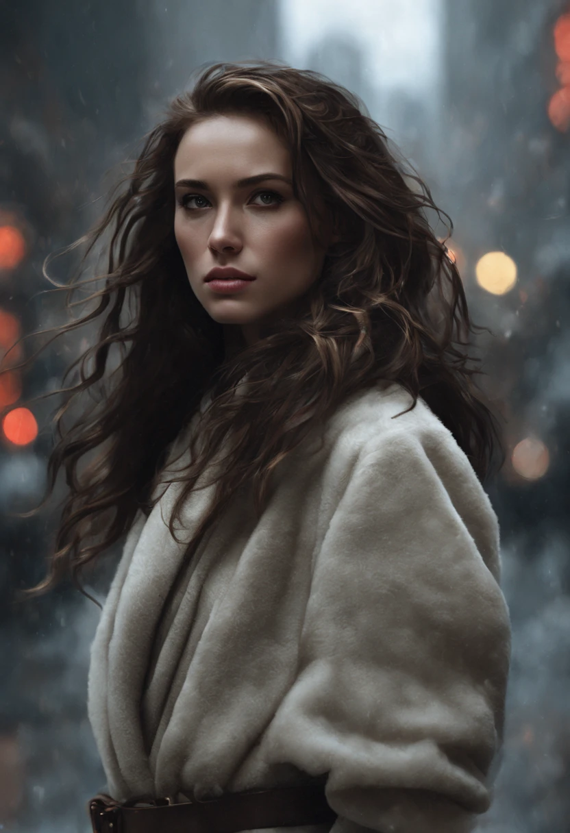 A woman, with very long, wavy brown hair. She wears a fur coat and high-heeled leather boots. Full body. Winter. It is snowing and very windy, causing her long hair to blow in the wind. She is in Washington DC, 1987, insanely detailed, 8k uhd, sharp focus, centered head, cinematic portrait, oil painting, matte painting, art by ruan jia, artgerm and greg rutkowski, wlop, dramatic lighting. Night. Full body