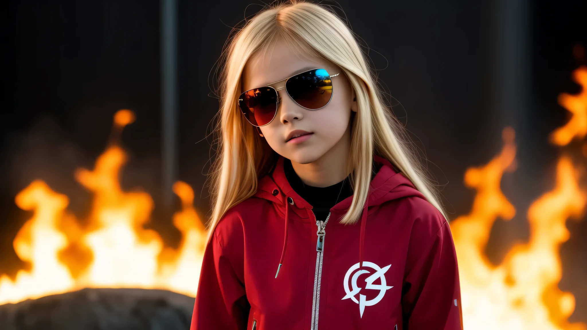 Girl child 10 years old, Russian blondie in braids, com roupa de jaqueta de couro vermelha, fundo storm, ride into the storm, thunderbolt red.