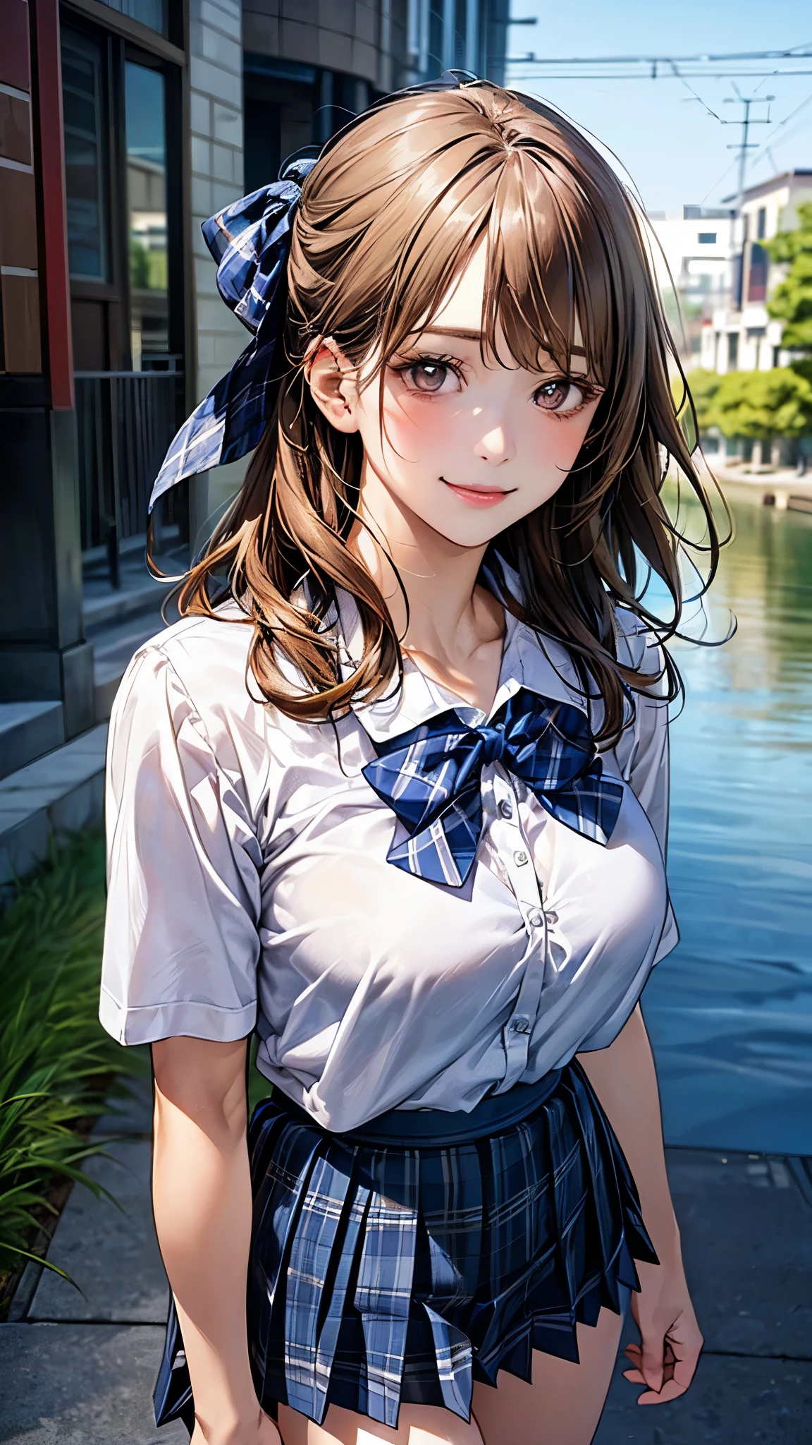 (masterpiece:1.2, top-quality), (realistic, photorealistic:1.4), beautiful illustration, (natural side lighting, movie lighting),
looking at viewer, cowboy shot, front view, 1 girl, japanese, high school girl, perfect face, cute and symmetrical face, shiny skin,
(middle hair:1.2, two side up:1.2, light brown hair), gold eyes, (large breasts:0.6, seductive thighs),
beautiful hair, beautiful face, beautiful detailed eyes, beautiful clavicle, beautiful body, beautiful chest, beautiful thigh, beautiful legs, beautiful fingers,
((white blouse shirt, navy pleated skirt, blue plaid bow tie), hair ribbon),
(beautiful scenery), evening, riverside, walking, (lovely smile, upper eyes),