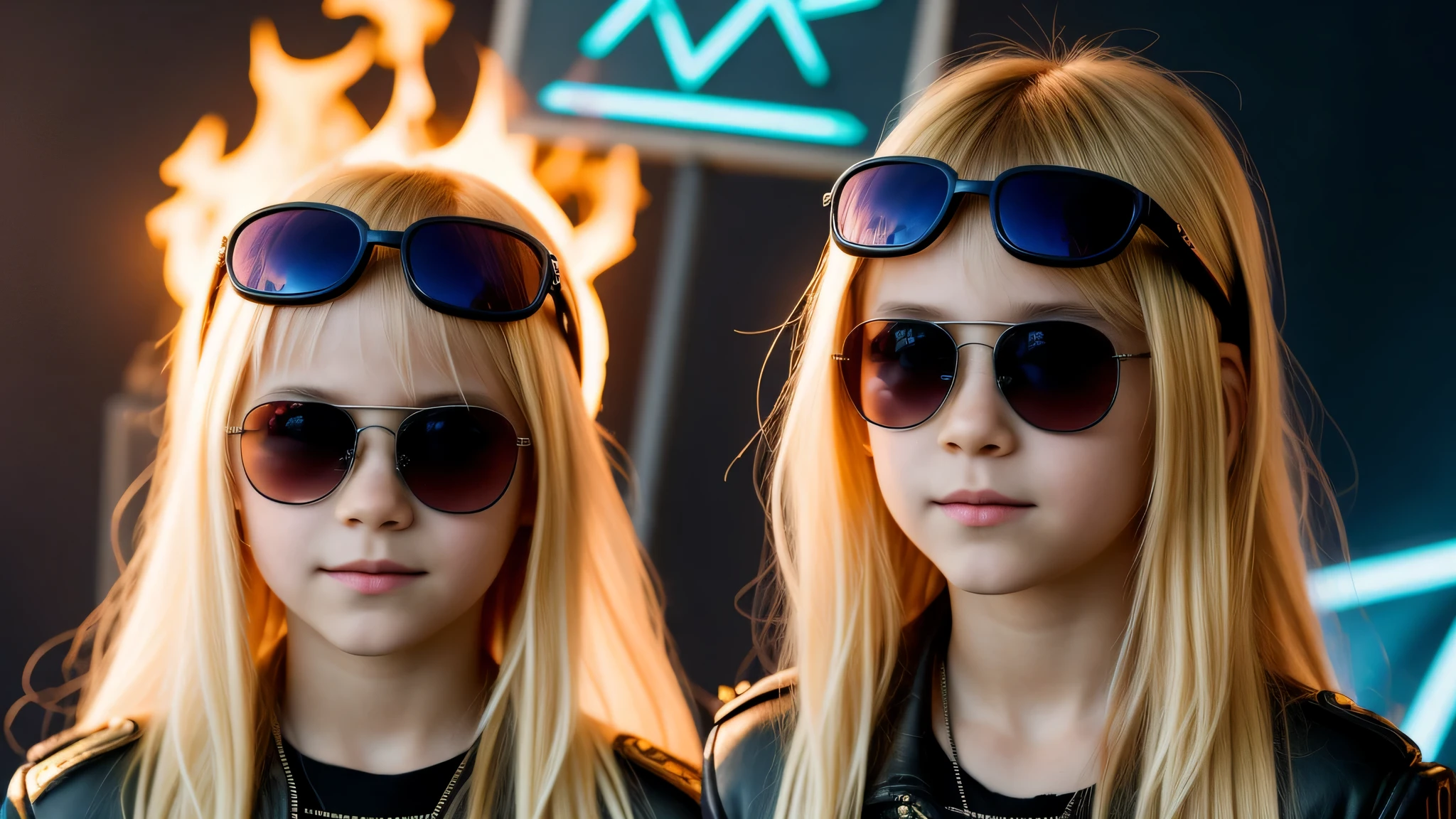 image of a  girls blonde with sunglasses and a sign, halo on fire, heavy metal band promo,