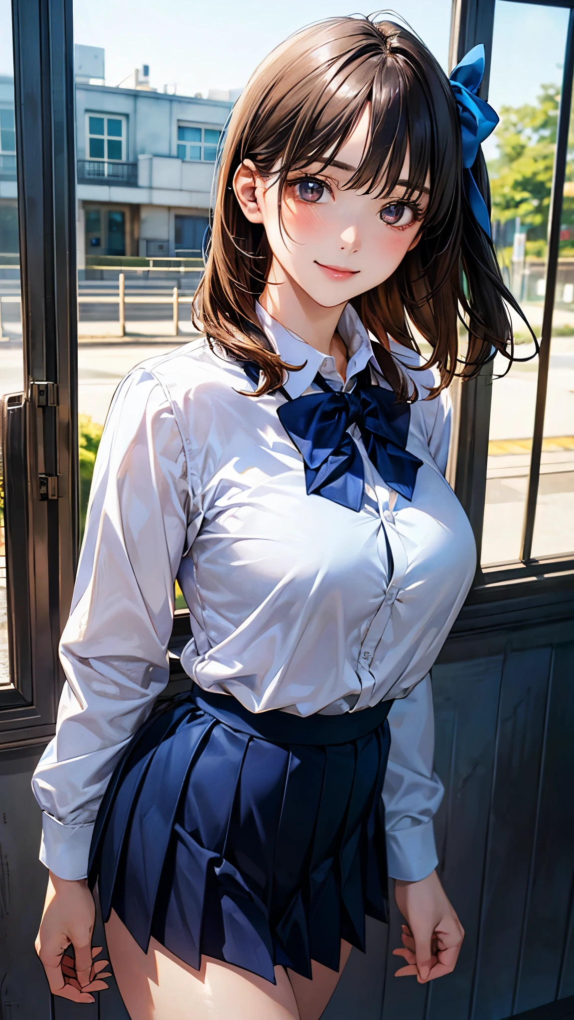 (masterpiece:1.2, top-quality), (realistic, photorealistic:1.4), beautiful illustration, (natural side lighting, movie lighting), 
looking at viewer, cowboy shot, front view, 1 girl, japanese, high school girl, perfect face, cute and symmetrical face, shiny skin, 
(middle hair:1.2, two side up:1.2, light brown hair), gold eyes, (large breasts:0.6, seductive thighs), 
beautiful hair, beautiful face, beautiful detailed eyes, beautiful clavicle, beautiful body, beautiful chest, beautiful thigh, beautiful legs, beautiful fingers, 
((long sleeve white collared shirts, navy pleated skirt, blue bow tie)), hair ribbon, 
(beautiful scenery), evening, riverside, walking, (lovely smile, upper eyes), 