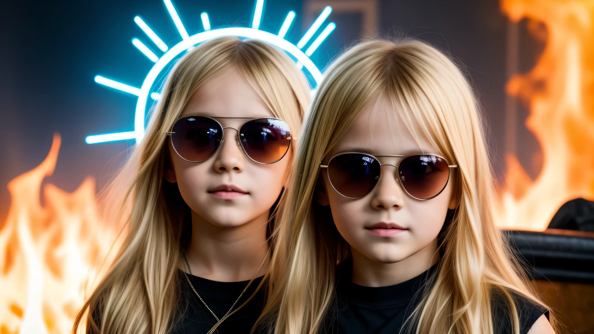 image of a kids girls blonde with sunglasses and a sign, halo on fire, heavy metal band promo,