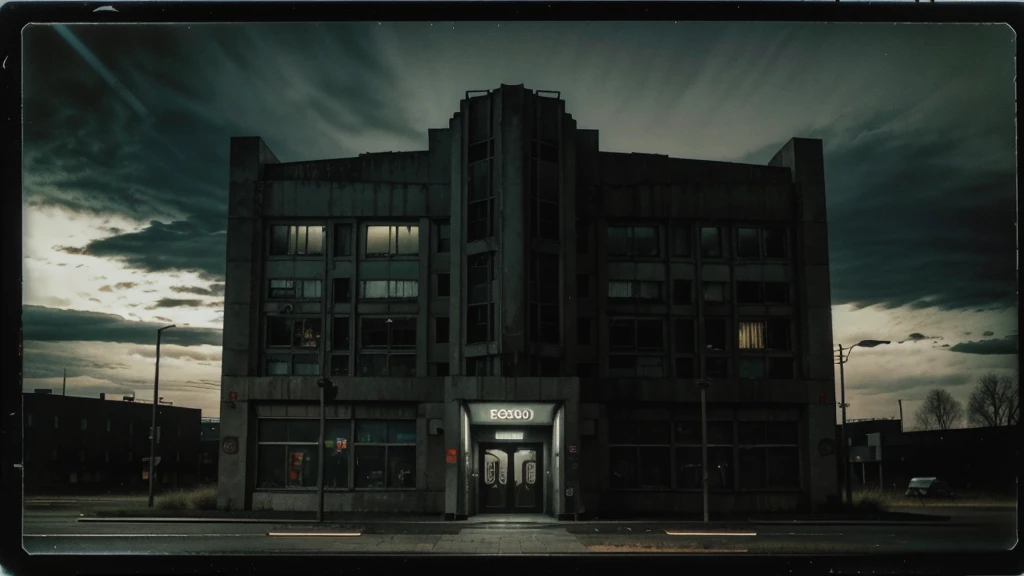 A Polaroid photo of a deserted brutalism building at night. A dark creature. Russia. Dark. Night. Dark clouds. 3 am. Edward Hopper. Sam Raimi. Horror. Eerie. Strange. Fear.