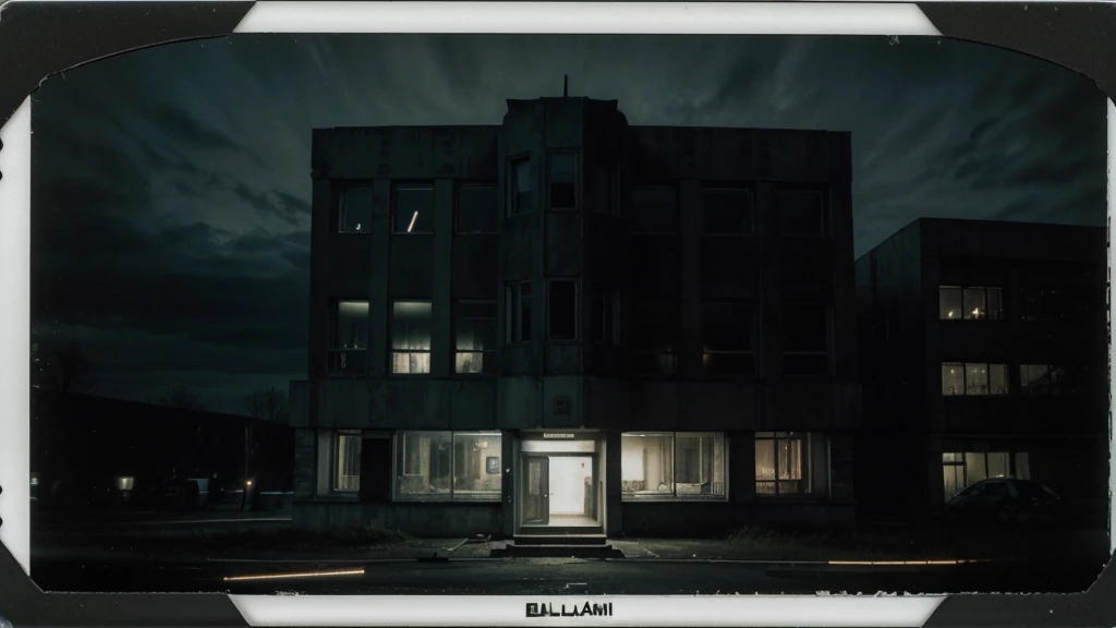 A Polaroid photo of a deserted brutalism building at night. A dark creature. Russia. Dark. Night. Dark clouds. 3 am. Edward Hopper. Sam Raimi. Horror. Eerie. Strange. Fear.