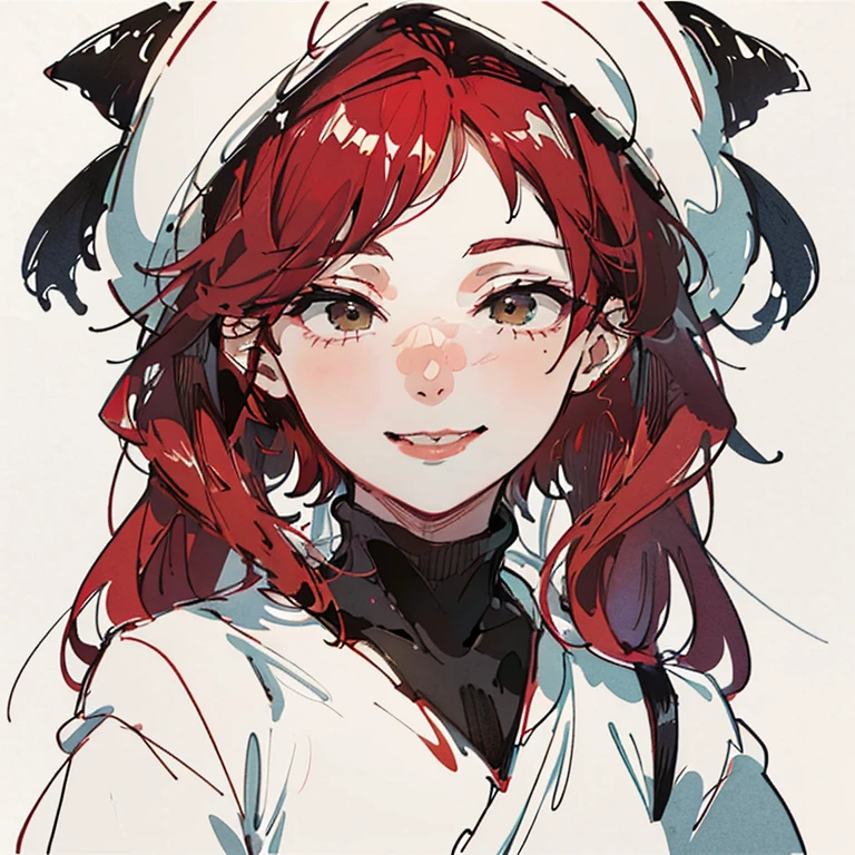 best quality, high resolution, clean background with plants, high contrast, 1 girl, line-drawing, sketch, ((tight medium shot))), white background with plants, clean line drawingringe hairstyle), (naughty face), smile face, (((turtleneck))), (((darkred-haired)))), (Mashed Hair), ((black eyescolor:1.2)), white skin, cute
