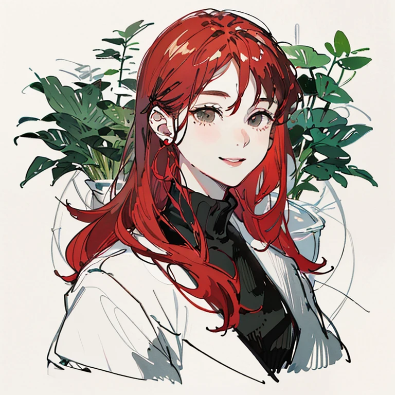 best quality, high resolution, clean background with plants, high contrast, 1 girl, line-drawing, sketch, ((tight medium shot))), white background with plants, clean line drawingringe hairstyle), (naughty face), smile face, (((turtleneck))), (((darkred-haired)))), (Mashed Hair), ((black eyescolor:1.2)), white skin, cute