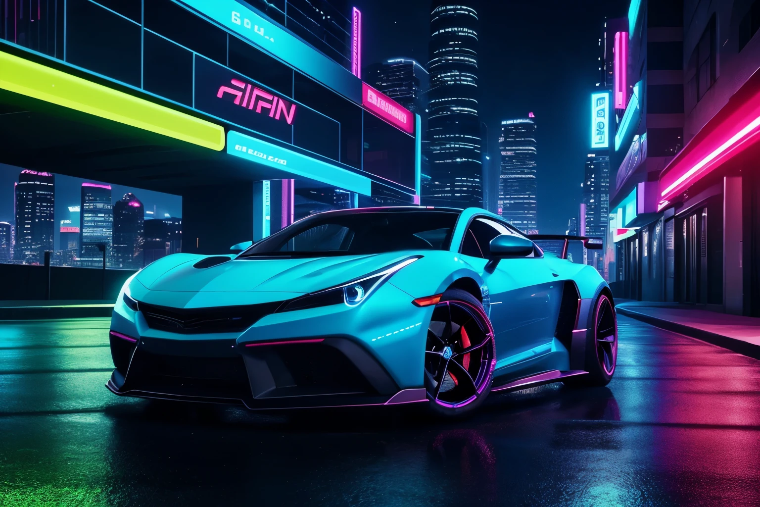 make a wallpaper of a high-tech car where the background of a car is advanced city and add cyberpunk and neon tone