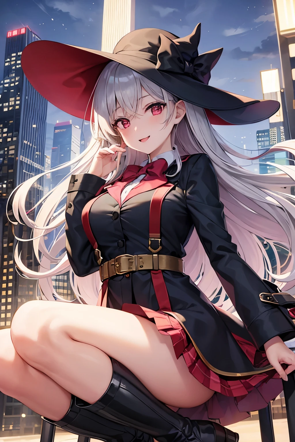 (masterpiece, best quality), 1girl, <lora:Magical:0.8> long hair,hat,witch hat,purple eyes,cape,1girl,blush,solo,looking at viewer,skirt,thighhighs,large breasts,ribbon,navel,striped,belt,grey hair,detached sleeves,bow,cleavage,white hair,collar,hat bow,single thighhigh,black skirt,pleated skirt,black headwear,very long hair,miniskirt,beltbra,jewelry,black capehair between eyes,necklace,boots,City Background