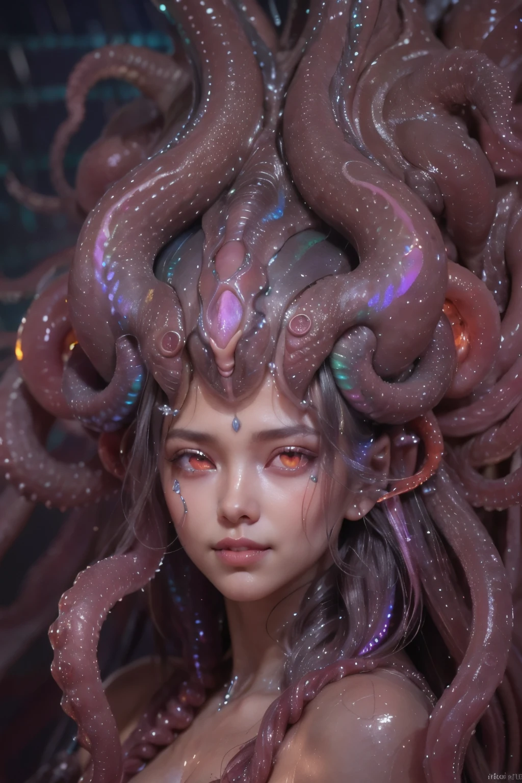 (1 beautiful and obscene female alien:1.4), (There is a female genital-like organ in the middle of her forehead:1.95), SHe has medusa-like hair, (there are lots of translucent tentacles from her head like her hair:1.8), (vulgarity1.7), (she is looking at viewers with glowing red eyes with no pupils:1.8), (She has translucent pale skin:1.7),(She has the most beautiful face in the history of the universe:1.2), (She has multiple bioluminescent organs on the side of her tentacles:1.4), (Her body is covered with an iridescent exoskeleton:1.6), (She is showing her arm pits:1.4), an evil gaze that seduces, (large mouth:1.1), (sharp teeth like a vampire:1.2), Full body portrait, (bio luminescent:1.5), (Smile wickedly:1.3), (sexypose:1.5), alien, No humans, cells are fused, extraterrestrial, cell, bio image, masterpiece, ultra high resolution, (photos realistic:1.7), scary and sexy detailed art in color, best quality, 8K,In 4K_quality, High freshness, Dramatic Lighting, cinematic quality, (exquisite details:1.2), High freshness, drawing faithfully, (Thick eyebrows:1.2), Beautiful eyes with fine symmetry,(Highly detailed face and eyes:1.2),(Super detailed skin quality feeling:1.4), perfect anatomy, (Beautiful toned body:1.5), (Moist skin:1.2), not wearing makeup, (dark circles:1.1), long canines, cinematic drawing of characters, cinematic quality, (exquisite details:1.2), high resolution, High freshness, drawing faithfully, official art, Unity 8K Wall paper, ultra detailed artistic photography, midnight aura, unreal engine 5, Ultra Sharp Focus, art by Amano Yoshitaka, ArtGerm, Roisch, intricate artwork,ultra realistic realism, dream-like, Creation of fantasy, dream Snail, (biopunk nautilus:1.3),Thrilling color schemes, seductively smiling, Amazing mutation, well-proportioned body, goddess of the deep sea, fractal, Geometric pattern, impossible figures, (white tentacles with stripes:1.4), subtle emerald green accents, (expression of ecstasy:1.4)