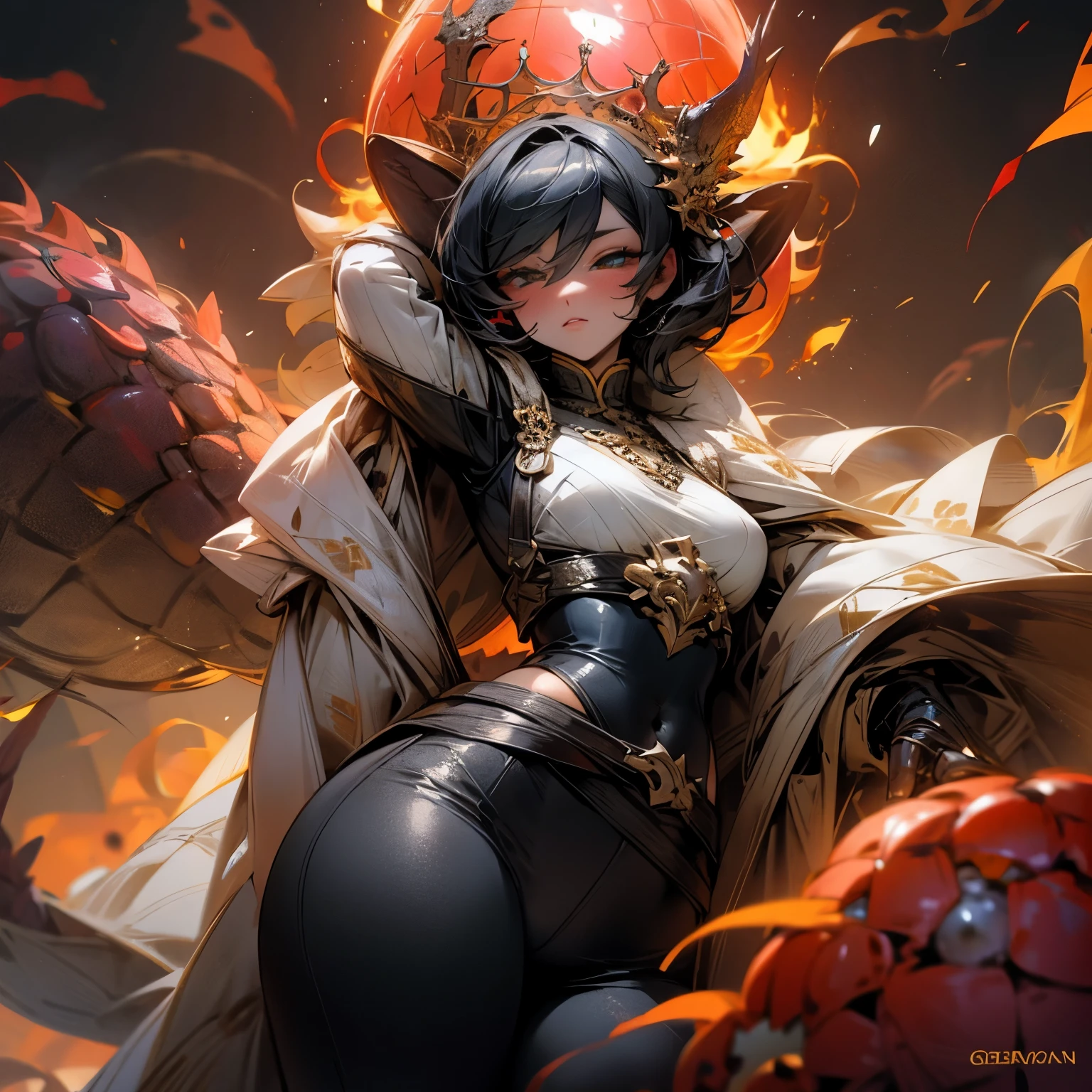 (((NSFW))) a teen girl (((medium chest))) ,She rise from a lava pit, she has horns, some kind of demon from the earth core, (((She's naked with accessories as metallic shoulder pads with (((intricate hellish designs on shoulders))), and little jewelry with scales shape, accessories on wrist to the shoulders))), some kind of demonic head set with flames, and her expression is a mix of wonder and amazement (((looking at herself))) ((((Demon made of brimstone)))) ((((brimstone))) (((fire demons))), Fire themed art piece, inferno themed art.(((she is the triumphant queen of the infernal pits))) ((((Queen attitude and body language)))) (((cinematographic ambient))) (((lens flare))) (((blur background))) (((depth of field))) (((((she is sitting on a molten rock under on a lava cascade)))))