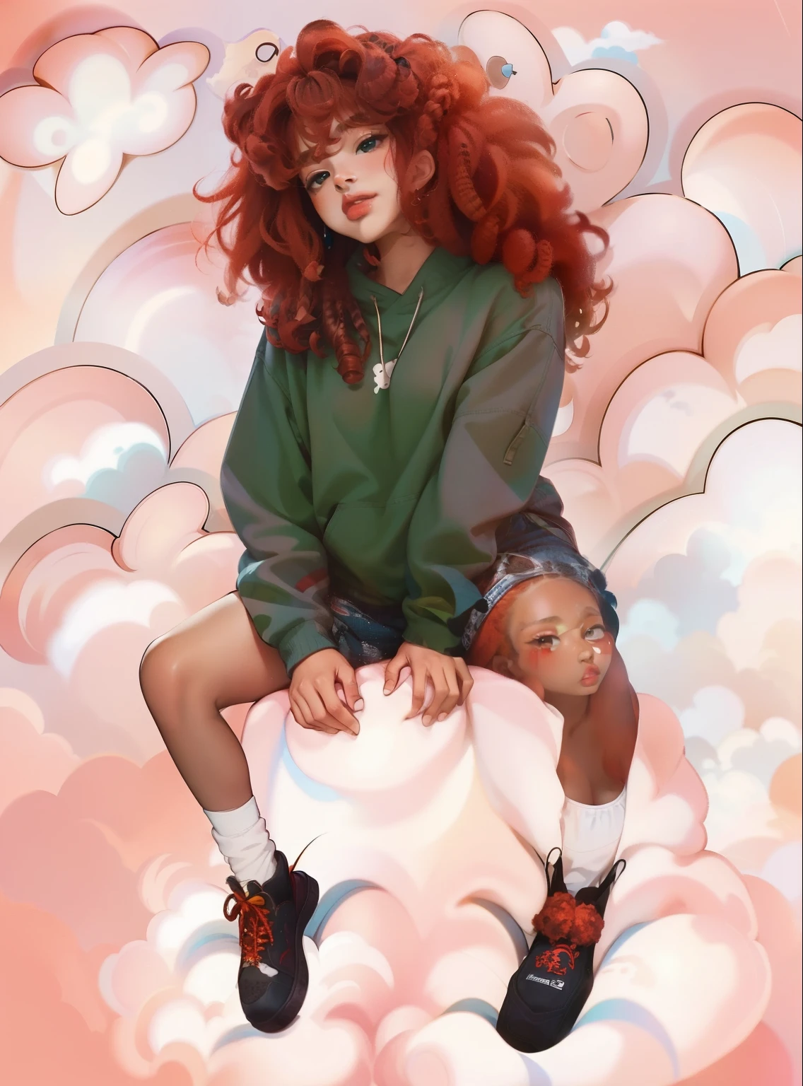 there is an African woman with red hair sitting on a cloud, sza, with curly red hair, sitting in a fluffy cloud, black girl ,clouds, red curly hair, red haired goddess, curly red hair, red afro, curly copper colored hair, she is wearing streetwear, color portrait, big red afro, cloud goddess, with red hair, red haired girl