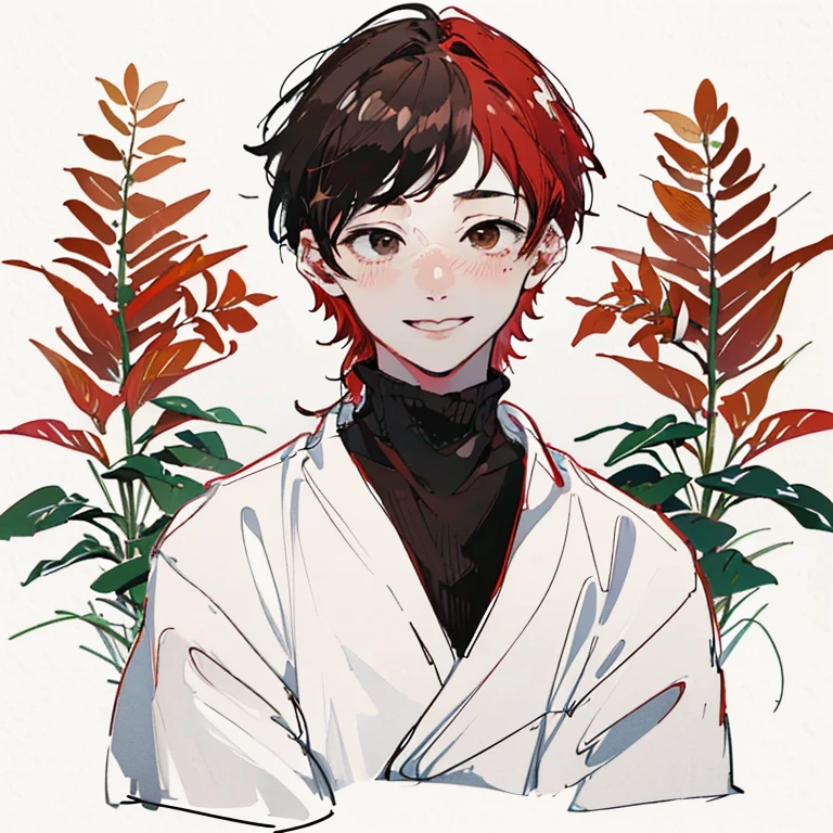 best quality, high resolution, clean background with plants, high contrast, 1 boy, line-drawing, sketch, ((tight medium shot))), white background with plants, clean line drawingringe hairstyle), (naughty face), smile face, (((turtleneck))), (((darkred-haired)))), (Mashed Hair), ((black eyescolor:1.2)), white skin, cute, handsome, adult, blushing