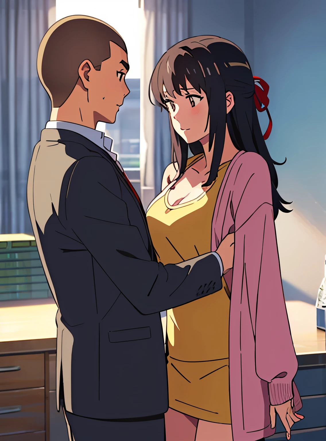 shinkai makoto, kimi no na wa., 1boy, buzzcut,office suit, boy caressing girl's body, passionate hug, 1girl, bangs, black hair, brown eyes, Twisted Half Up, red ribbon, long hair, long sleeve light pink cardigan, open shirt, yellow shirt, cleavage, breast, medium breast, storage room, indoors, masterpiece, perfect anatomy, cowboyshot