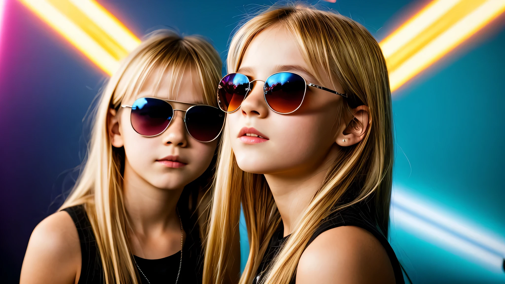 image of a kids girls blonde with sunglasses and a sign, halo on fire, heavy metal band promo,