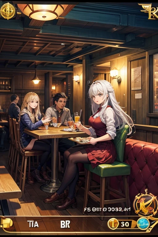 Anime - A style Dining room with tables and people eating at the table, cozy bistro, pub background, leaflet, leaflet anime style, Inside the tavern, fantasy pub background, bar, In the pub, Different world, reincarnated as a slime, screenshot of animation, Dining room!, In the fantasy tavern near the fireplace