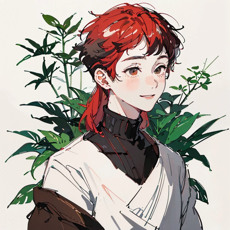 best quality, high resolution, clean background with plants, high contrast, 1 boy, line-drawing, sketch, ((tight medium shot))), white background with plants, clean line drawingringe hairstyle), (naughty face), smile face, (((turtleneck))), (((darkred-haired)))), (Mashed Hair), ((black eyescolor:1.2)), white skin, cute, handsome, adult, blushing