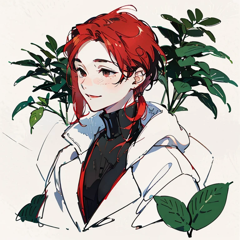 best quality, high resolution, clean background with plants, high contrast, 1 boy, line-drawing, sketch, ((tight medium shot))), white background with plants, clean line drawingringe hairstyle), (naughty face), smile face, (((turtleneck))), (((darkred-haired)))), (Mashed Hair), ((black eyescolor:1.2)), white skin, cute, handsome, adult, blushing