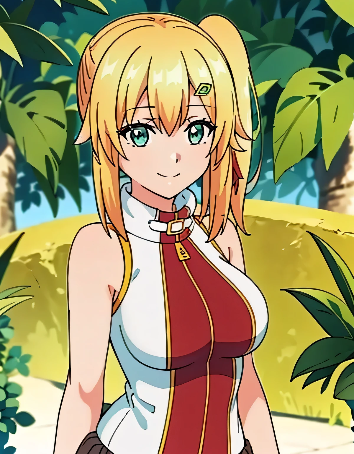 super detailed,emma&#39;s brightness,blonde hair, smile,green eyes,one-sided ponytail, looking at the viewer, hair ornaments,hair ribbon, No sleeve, bare shoulders,(big breasts:1.5),looking at the viewer,Are standing,((masterpiece)),((highest quality)),perfect anatomy,8K UHD,highly detailed face,luster and luster,((1 girl)),((alone)),perfect image,(Upper body:1.1),(look ahead:1.1),turn your arms behind your back,slim waist,(shiny hair),