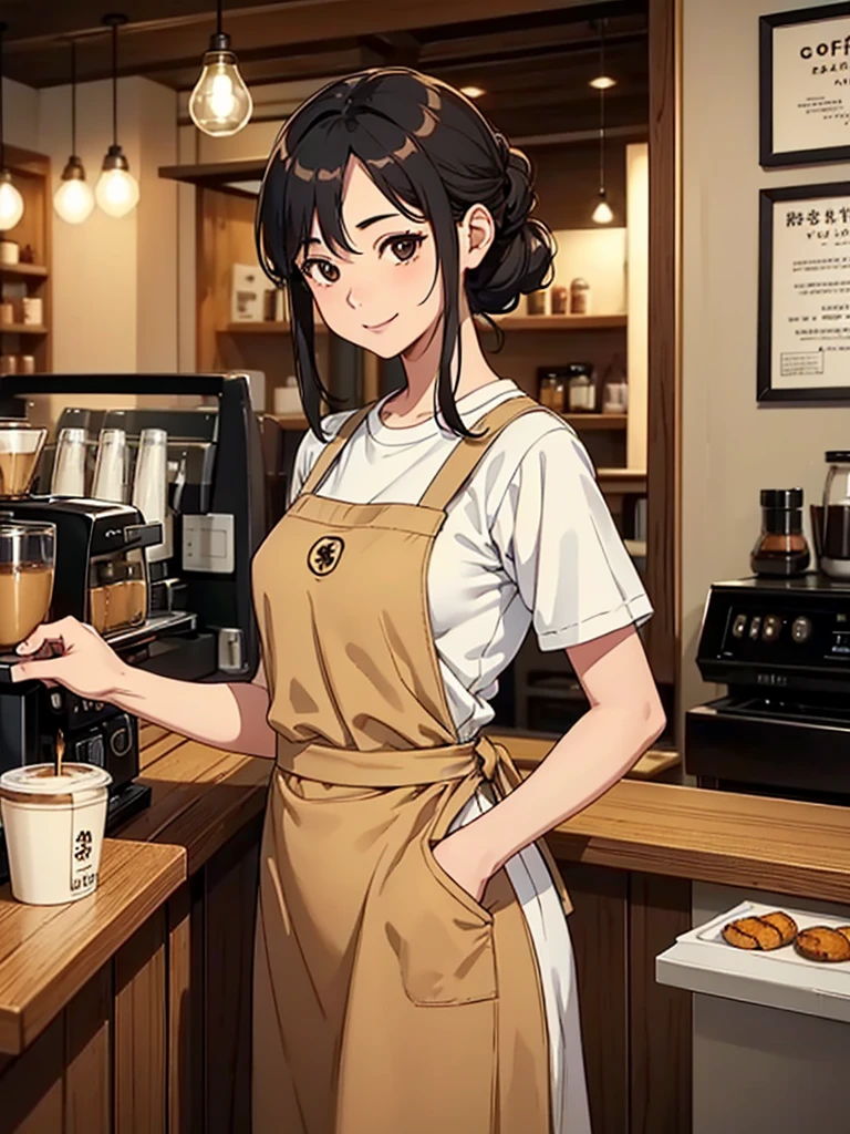 coffee shop、quiet atmosphere、1 female(coffee shopの店主、(35 years old、Married woman、Beauty:1.2)、the other side of the counter、black hair、hair tied up、brown eyes、whiteＹshirt、short apron)、smile、