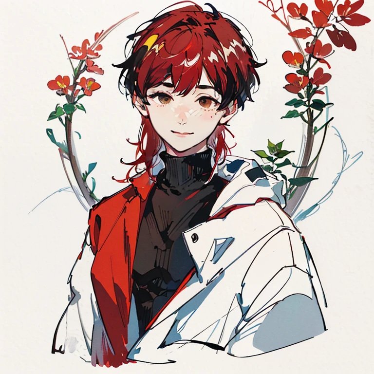 best quality, high resolution, clean background with plants, high contrast, 1 boy, line-drawing, sketch, ((tight medium shot))), white background with plants, clean line drawingringe hairstyle), (naughty face), smile face, (((turtleneck))), (((darkred-haired)))), (Mashed Hair), ((black eyescolor:1.2)), white skin, cute, handsome, adult, blushing
