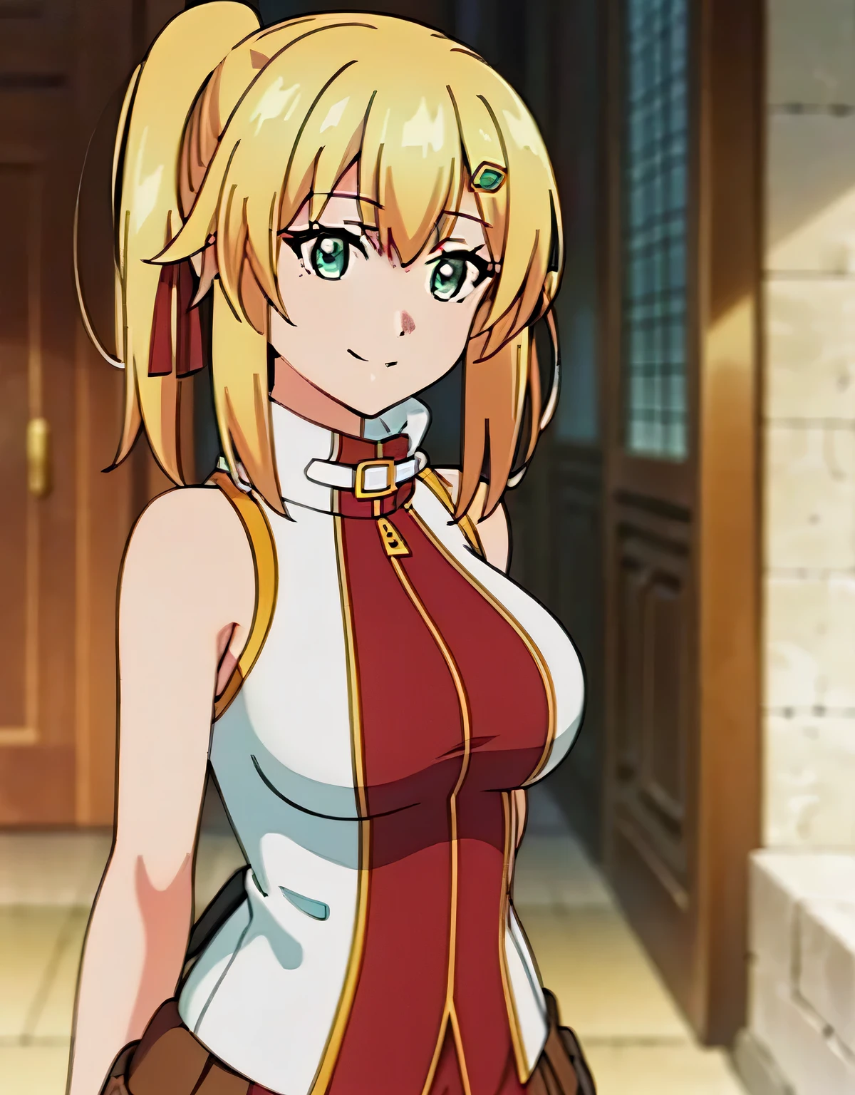 super detailed,emma&#39;s brightness,blonde hair, smile,green eyes,one-sided ponytail, looking at the viewer, hair ornaments,hair ribbon, No sleeve, bare shoulders,(big breasts:1.5),looking at the viewer,Are standing,((masterpiece)),((highest quality)),perfect anatomy,8K UHD,highly detailed face,luster and luster,((1 girl)),((alone)),perfect image,(Upper body:1.1),(look ahead:1.1),turn your arms behind your back,slim waist,(shiny hair),