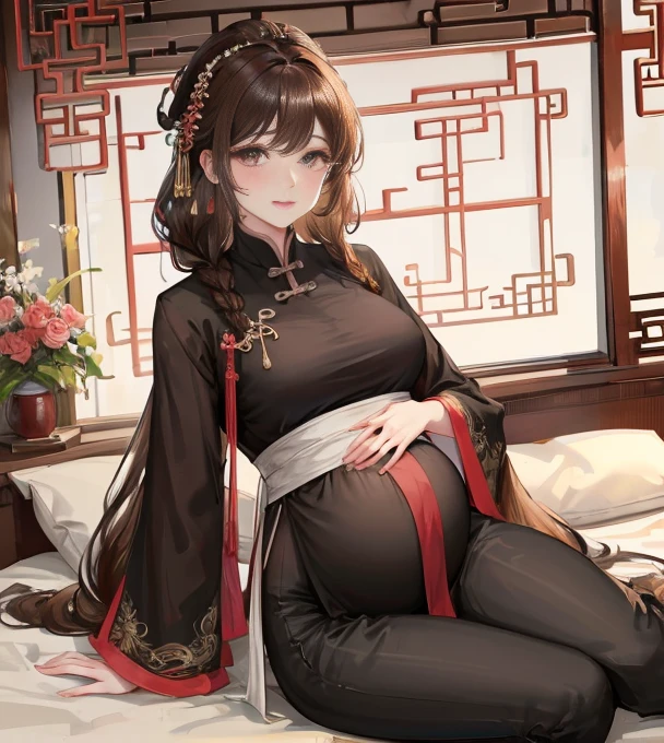 masterpiece, best quality, married woman, aldult, Chinese style, China, elder sister, Smile, brown hair, princess cut, Single braid,black pants,Full of motherhood,传统China服装,pure,blush,Dignified yet lively,Mother,Put your hands on your belly,thin lips,pregnant