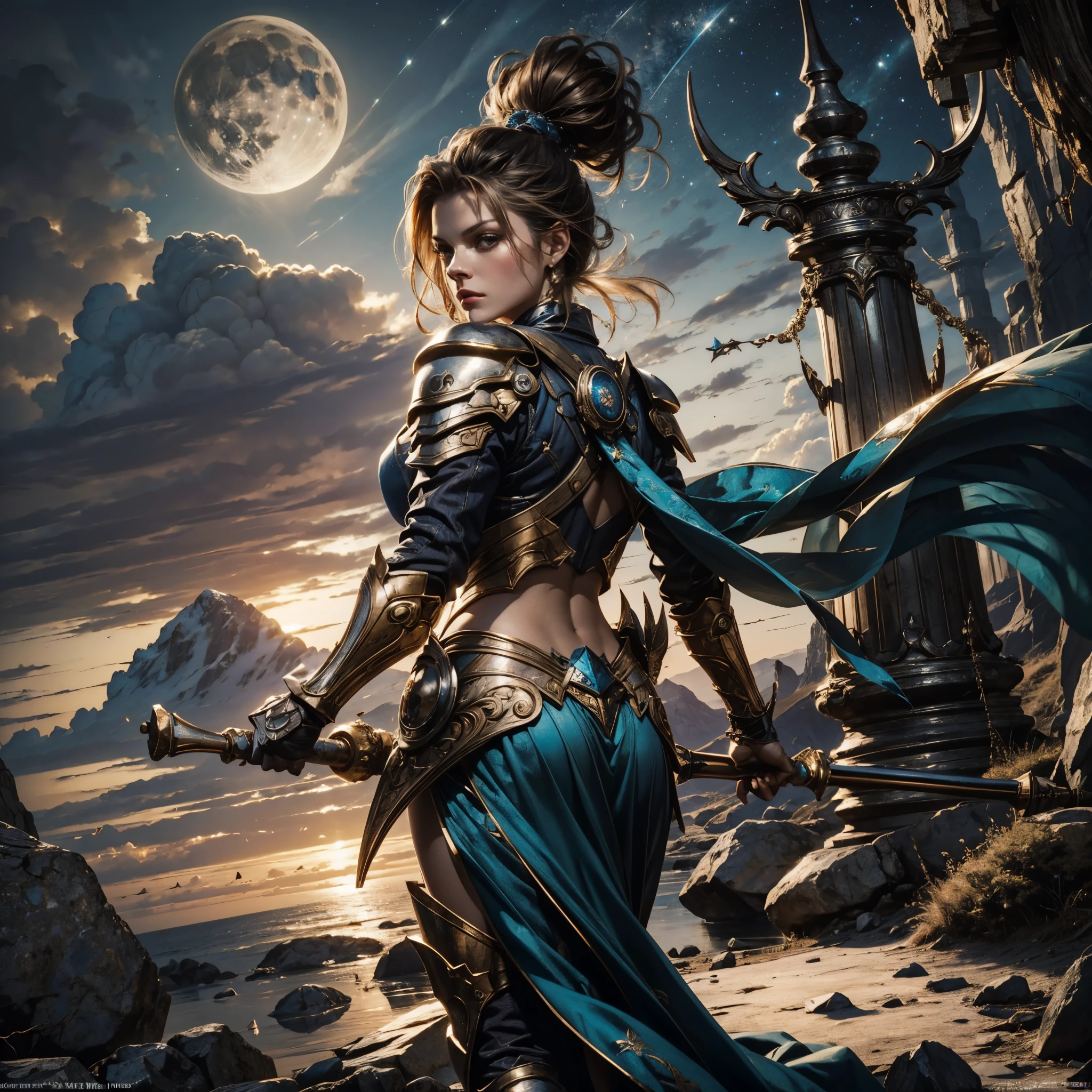 Epic Beautiful painting of Michelle-Pfeiffer as perfect gorgeous female warrior, shapeless long fullbody, perfect features, (wearing extremely baroque armor Chainmail_Armor), abstract beauty, near perfection, pure form, dynamic pose, ethereal background, (deep dark shadows), (strong cinematic lighting), (back lighting), concept art by Greg Rutkowski and John William Waterhouse and Alphonse Mucha, epic stunning details, intricate details, hyper post-production, ultra High resolution, ultra high details, trending on ArtStation, ultra sharp focus, depth of field f/1.8, studio photos, (((looking at camera))) magv1ll high details, best quality, absurdres [ultra detailed], masterpiece, ultra high best quality, (extremely detailed), dynamic angle, ultra wide shot, photorealistic, ((fantasy art)) ((larry elmore style)), dnd art, rpg art, realistic art, female human druid of the stars, guardian of nature, controlling magical energy made of stars, swirling blue stary magical light, divine symbols (1.5 intricate details, Masterpiece, best quality, absurdres), human female, extremally beautiful, ultra feminine, dynamic hair, dynamic hair color, wearing leather armor, holding a staff, moon light, stars, dynamic natural background, RPG art, magical atmosphere magic-fantasy-forest, ultra best realistic, best details, best quality, absurdres, [ultra detailed], masterpiece, ultra best quality, (extremely detailed), ultra wide shot, photorealism, depth of field, hyper realistic painting, 3D rendering, varies multi etc. --v 6 --s 1000 --c 20 --q 20 --chaos 100