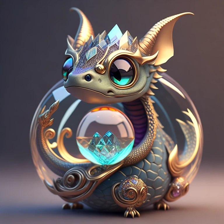 Cute adorable crystal ball dragon cub with highly detailed intricate low poly eye concept art trending artstation 8k, cute dragon, chimera, snake with natural lighting