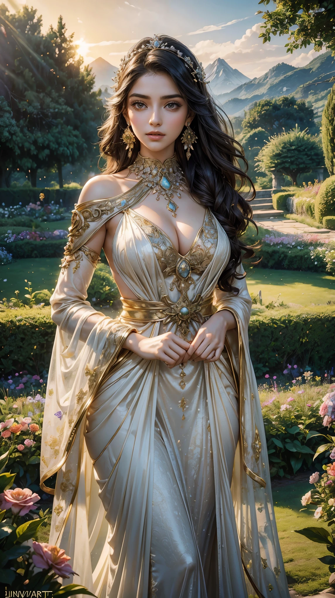(1girl:1.3), extremely detailed,(colorful:1.1)(flowers:1.3),highest detailed, (dynamic pose),   (shiny skin), ,(earrings:1.4), masterpiece,studio ghibli style,highly intricate,highly detailed,photorealism style (background: a church in the middle of a lush green field, romantic landscape, beautiful summer landscape, beautiful garden, floral sunset, romantic greenery, garden landscape, beautiful landscape, beautiful dreamy landscape, beautiful terrace, landscape scenery, beautiful scenic landscape, natural landscape beauty, beautiful garden on background, flower garden, sunny landscape, at sunrise in springtime, flower garden summer morning, dreamy landscape )  a woman in a white and gold outfit, black hair, Big  , sexy cleavage, sexy curves, closeup shot, sexy pose, closeup shot, of indian princess, ellora, maya ali sorcerer, shakti, maya ali sorceress, beautiful costume, silver ornaments, wearing an ornate outfit, golden and silver jewerly,  white royal dress, hindu