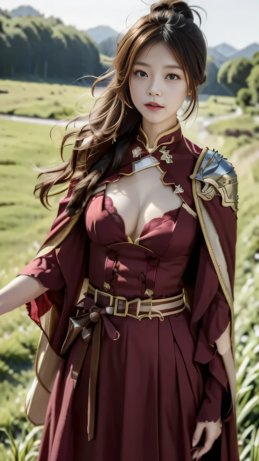 Chinese female general，Detail the eyes，Maroon Hu suit lining，Crimson cape，metal pauldron，Gold cuirass，Full and erect breasts，battlefield background，majestic，Warring States Period hair bun，wilderness background（grassland background）