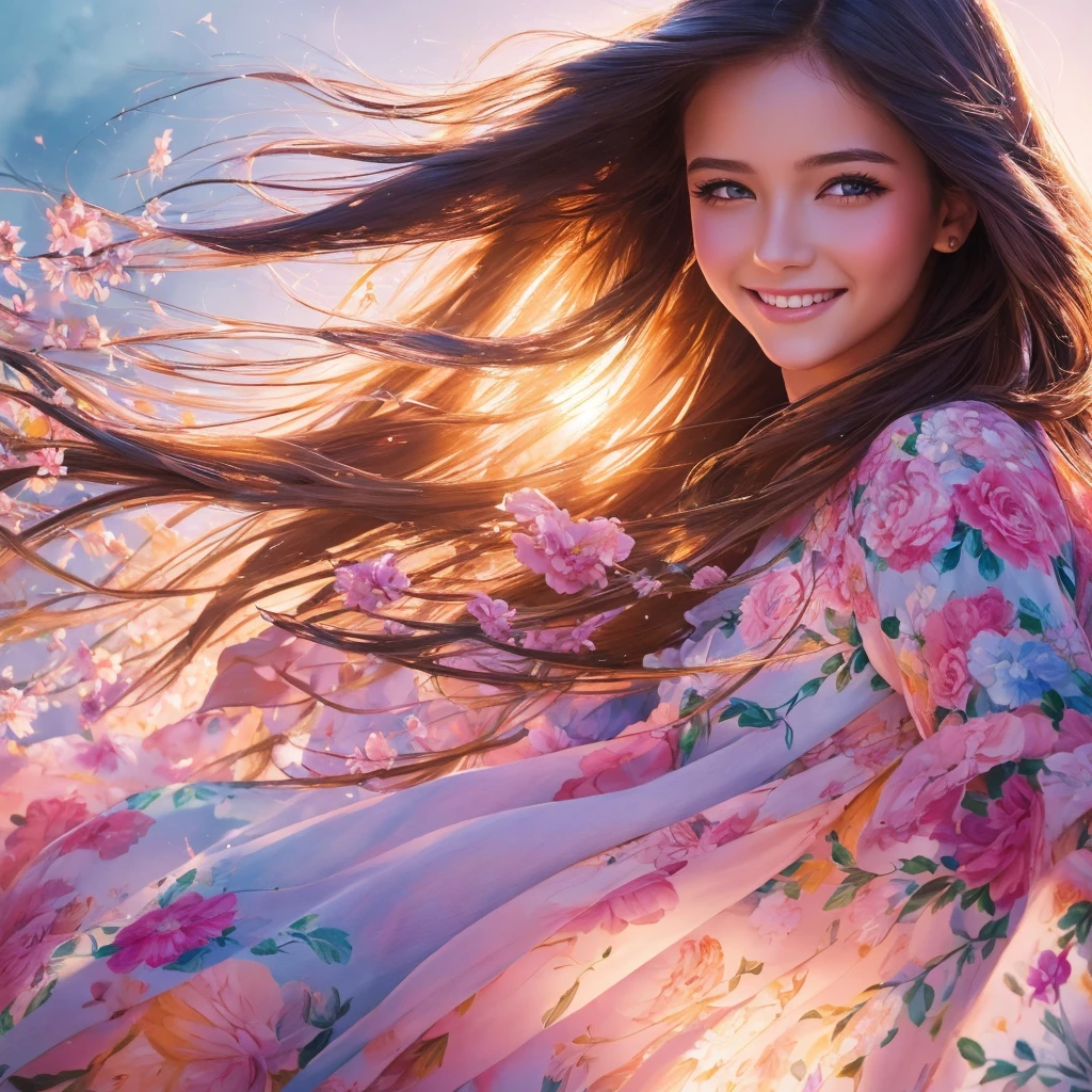 beautiful girl, realistic painting, flowing floral dress, radiant smile, long flowing hair, captivating eyes, high quality, realistic, vibrant colors, soft lighting, detailed features, elegant, traditional art style, pastel tones, enchanting aura, natural beauty