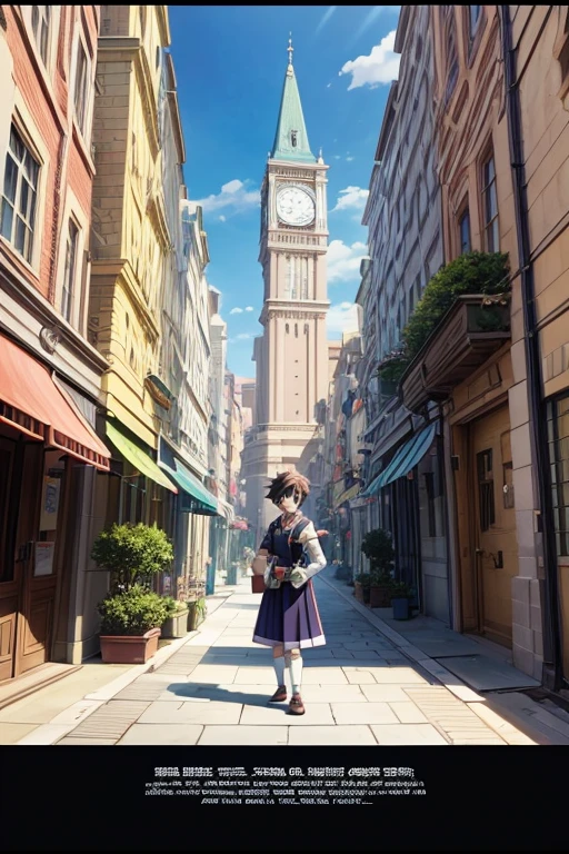 Cartoon character standing in front of a building with a clock, leaflet, Screenshots from animated movies, leaflet anime style, Screenshots from the 2012 animation, Still from TV animation, Today's featured anime stills, animation stills, Popular isekai anime, role play scenario, anime screenshot, anime screenshot, Greengar, anime scene