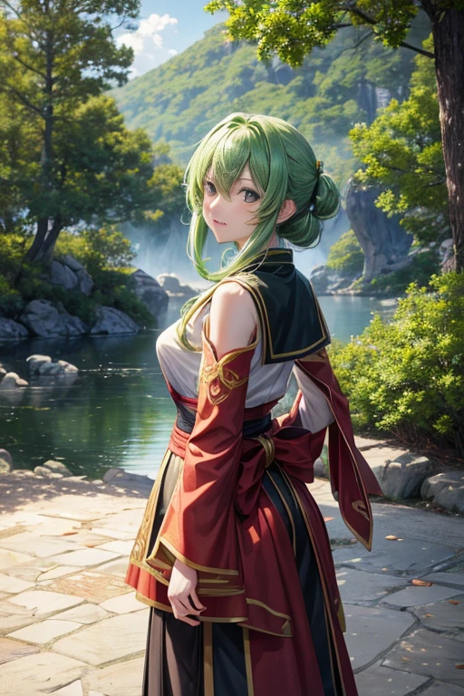 (best quality,4k,highres,masterpiece:1.2),ultra-detailed,realistic:1.37,人物在一个有时钟的建筑前,green leaves,anime-style screenshot,green leaves anime style,2012年动画 screenshot,still from a TV anime,today's pick from anime stills,anime still, popular isekai anime,cosplay scene,anime screenshot,anime movie screenshot,Gringar,anime scene