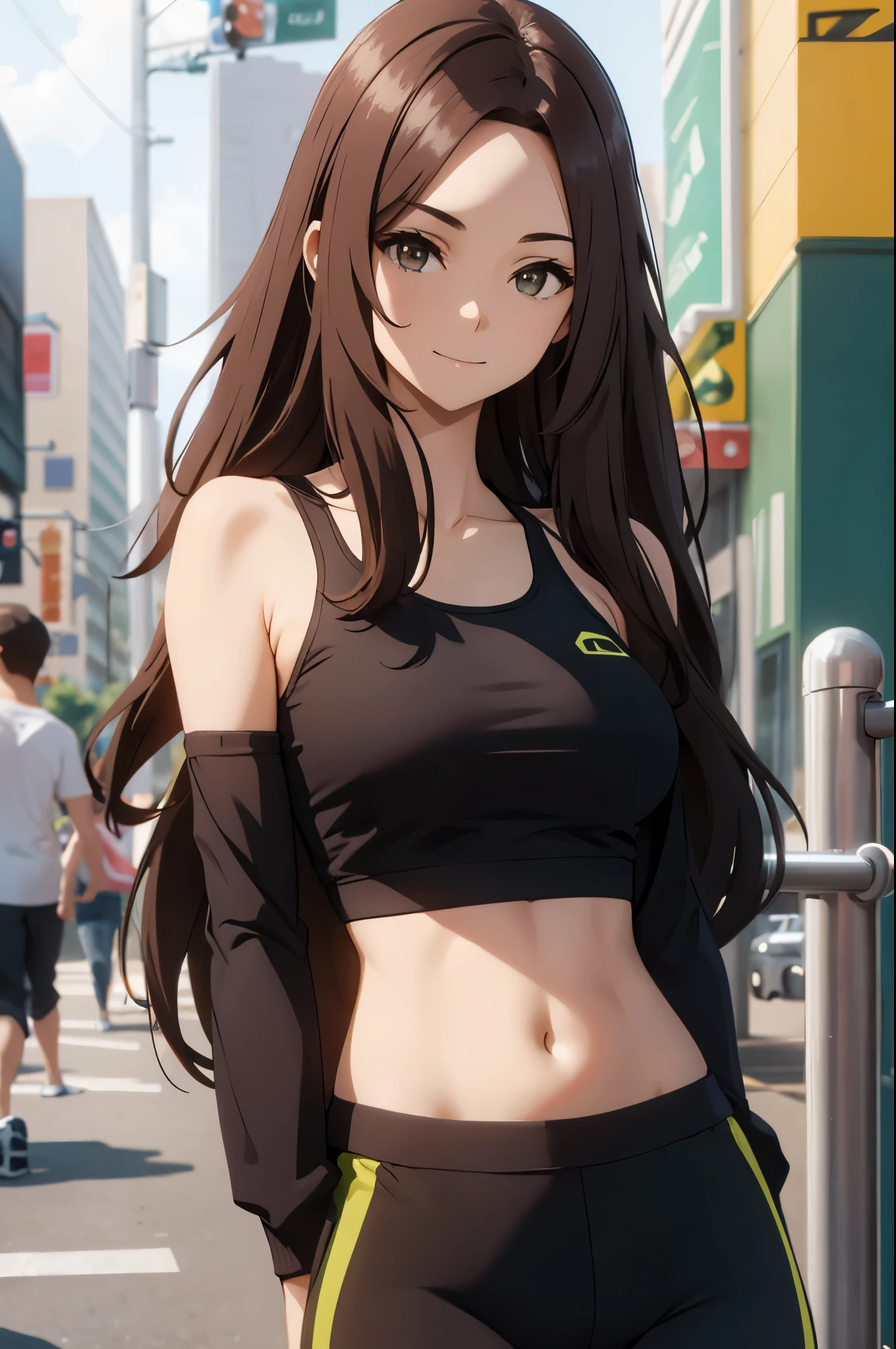 brown hair, brown eyes, long hair, looking at viewer, solo,forehead,masterpiece, best quality, photorealistic, yujiasuit, yoga sports bra, yoga pants, 1girl, solo, , yoga ball, pants, looking at viewer, smile, green sports bra, simple background, , midriff, long hair, breasts, green pants, sportswear, tank top, upper body,
