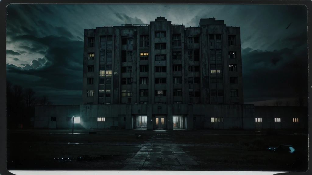 A Polaroid photo of a deserted brutalism building at night. Iluminated by a flashlight only. A dark creature. Russia. Dark. Night. Dark clouds. 3 am. Chernobyl. Horror. Eerie. Strange. Fear.