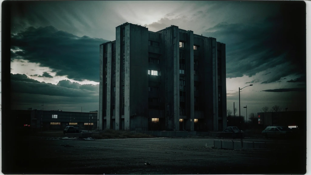 A Polaroid photo of a deserted brutalism building at night. Iluminated by a flashlight only. A dark creature. Russia. Dark. Night. Dark clouds. 3 am. Chernobyl. Horror. Eerie. Strange. Fear.
