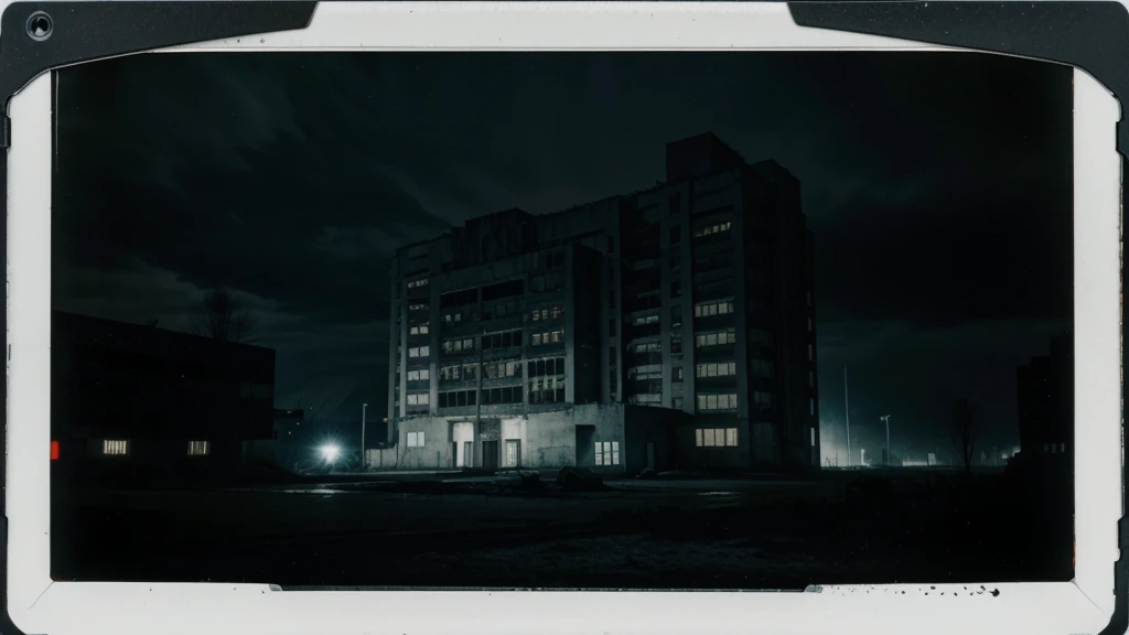 A Polaroid photo of a deserted brutalism building at night. Iluminated by a flashlight only. A dark creature. Russia. Dark. Night. Dark clouds. 3 am. Chernobyl. Horror. Eerie. Strange. Fear.